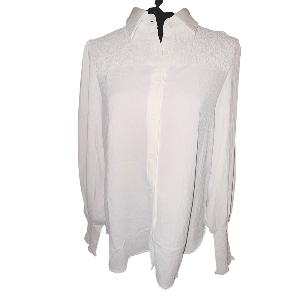 CiCiBird Blouse Womens Medium White NEW Smocked Button Down Long Sleeve Top